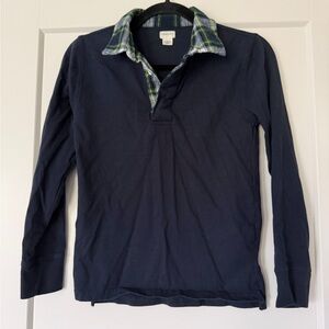 Crewcuts Boys Navy Polo with Plaid Collar Detail Long Sleeve Cotton